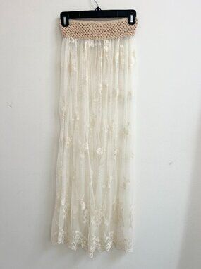 Gypsy Junkies Sasha Ivory Sheer Mesh Embroidered Lace Crochet Maxi Skirt S/M